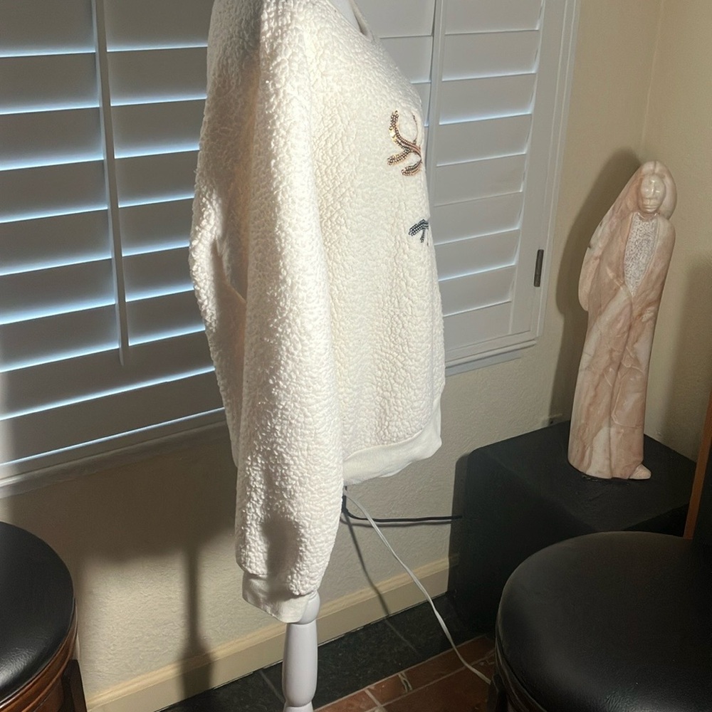 ❄️🤍Mentally Exhausted 100% Polyester Cream Fleece Cute Pullover W/Sequins Sz 2X - Picture 2 of 5